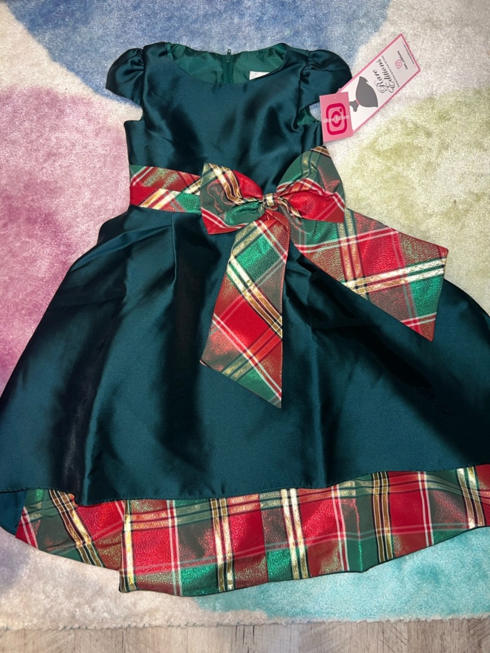NEW Rare Editions Dark Green Satin Hi-Low Holiday Dress with Red Plaid Bow